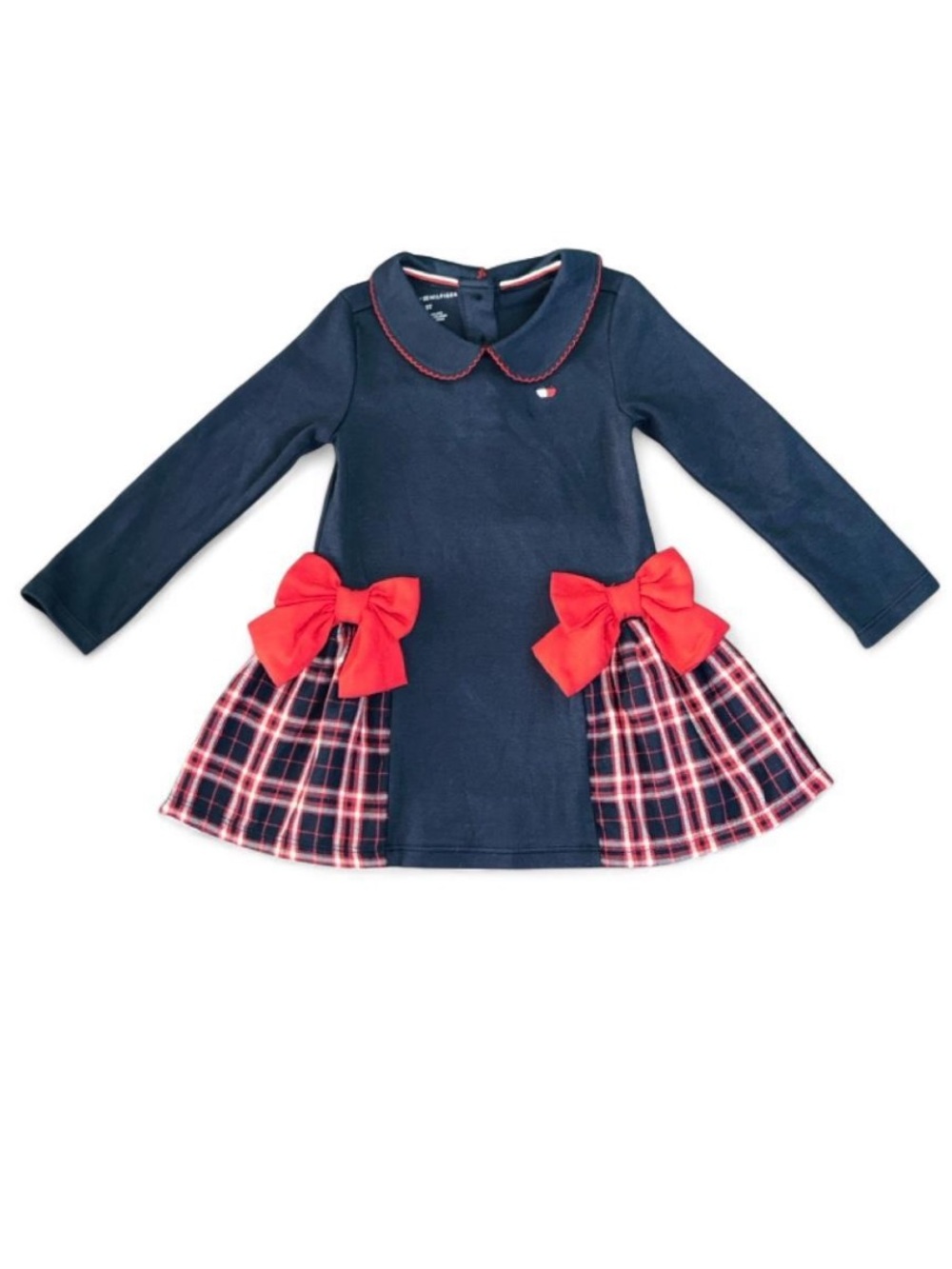 Tommy Hilfiger Navy Dress with Red Plaid Panels & Red Bows